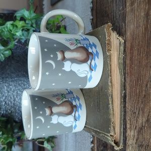 Vintage Japan Kitschy Cats Lovers Moon Tulips Checkerboard Star Cups, Set of 2